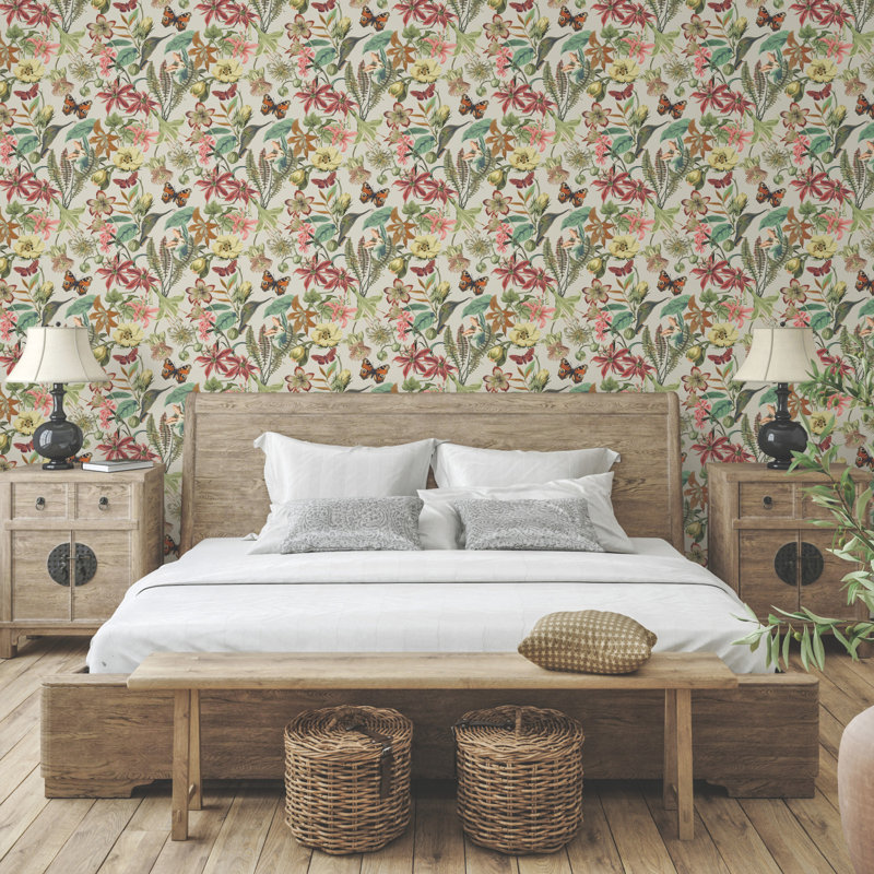 Floral Wallpaper Roll, Light Taupe/Coral