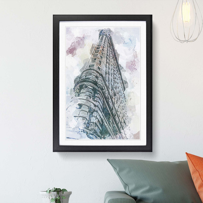 The Flatiron Building in New York in Abstract - Picture Frame Painting Print, 87cm H x 62cm W x 2cm D, Black Framed