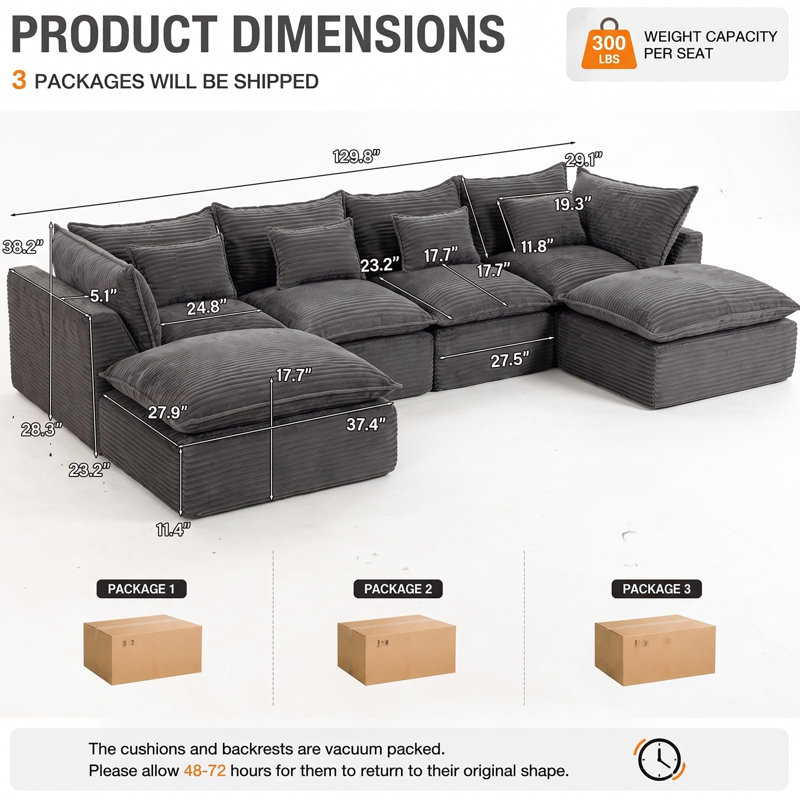 Canapé d'angle 4 places sans dossier de 330 cm avec 2 poufs, gris foncé, 130 Inch, Gris foncé