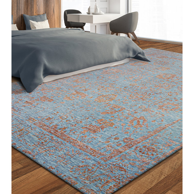 Tapis bleu clair et cuivre noué à la main de haute qualité, Rectangle 12 pi x 15 pi