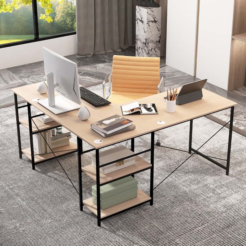 Addalynne L-Shaped Metal Base Computer Desk, Natural