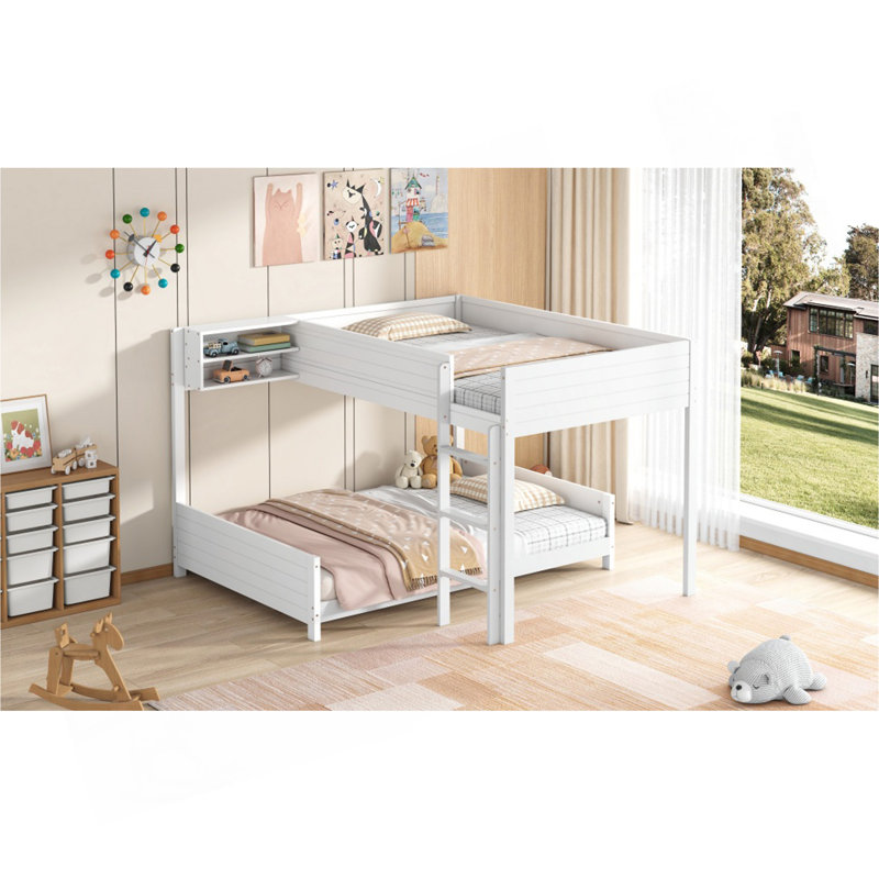 Lit superposé en bois double avec lit superposé double avec tablette de rangement intégrée et échelle, avec support à lattes, aucun sommier nécessaire, blanc