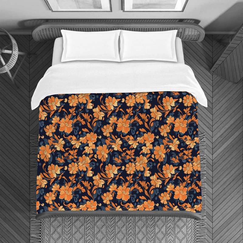 Machine Printed Duvet Cover, Twin  Duvet Cover, Navy/Orange Floral