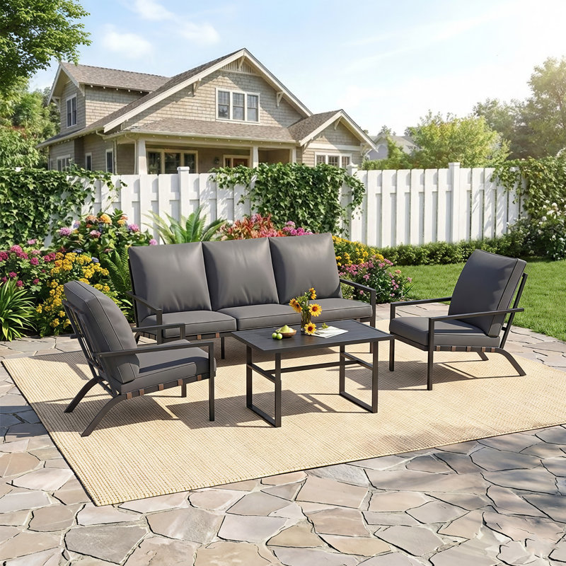 4-piece Outdoor Set: 3-seater Sofa, Armchairs & Coffee Table, Weather-resistant, Dark Grey
