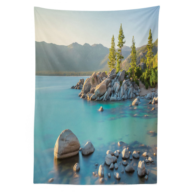 Lake Tablecloth, Pastoral Spring Time Scenery In Provincial Countryside Lake Beach Shallow Water Theme, Rectangular Table Cover For Dining Room Kitchen Decor, 52" X 70", Blue Grey