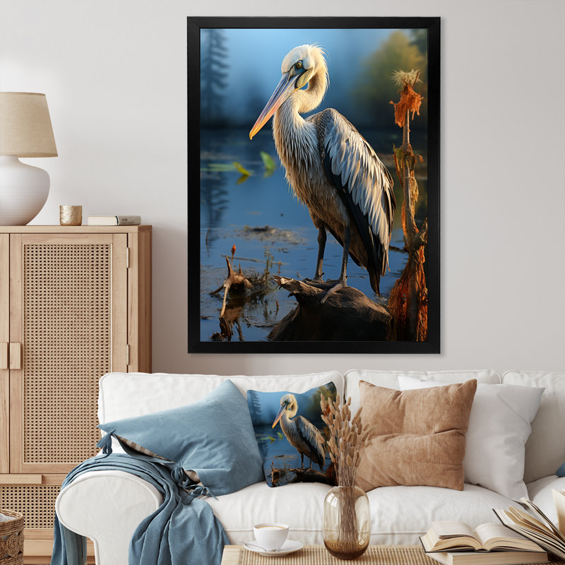 «Avaia Grey Pelican Portrait at Sunrise I», reproduction, H 20 po x l 12 po x P 1 po, Cadre photo noir