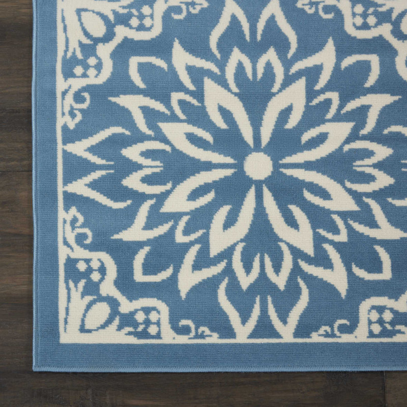 Tapis floral ivoire / bleu Yurig, Tapis de couloir 2 pi 3 po x 7 pi 3 po