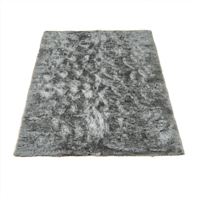 Silver Faux Fur Flokati Washable Gray Area Rug
