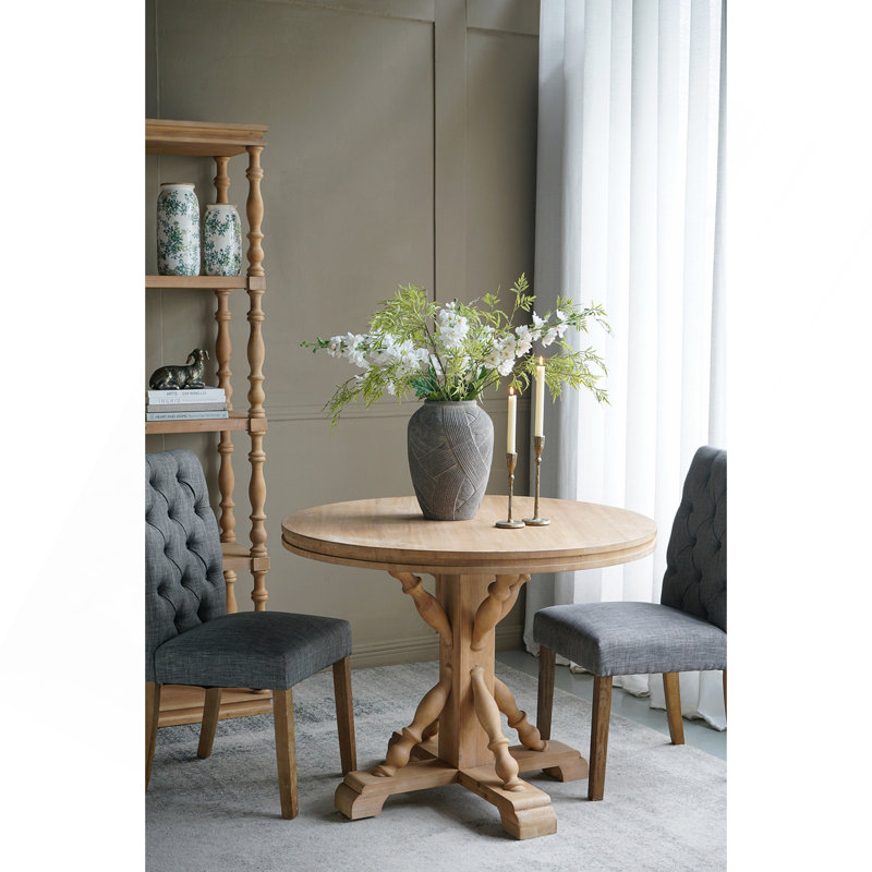 Table de salle à manger ronde 42 po x 32 po, table de cuisine en bois naturel avec base balustre sculptée, style campagnard / rustique / campagne française