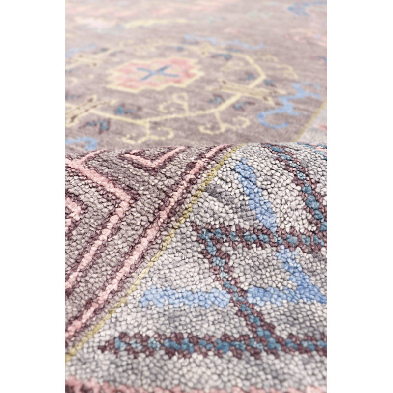 Khotan Hand Knotted Wool Geometric Area Rug in Gray/Rose