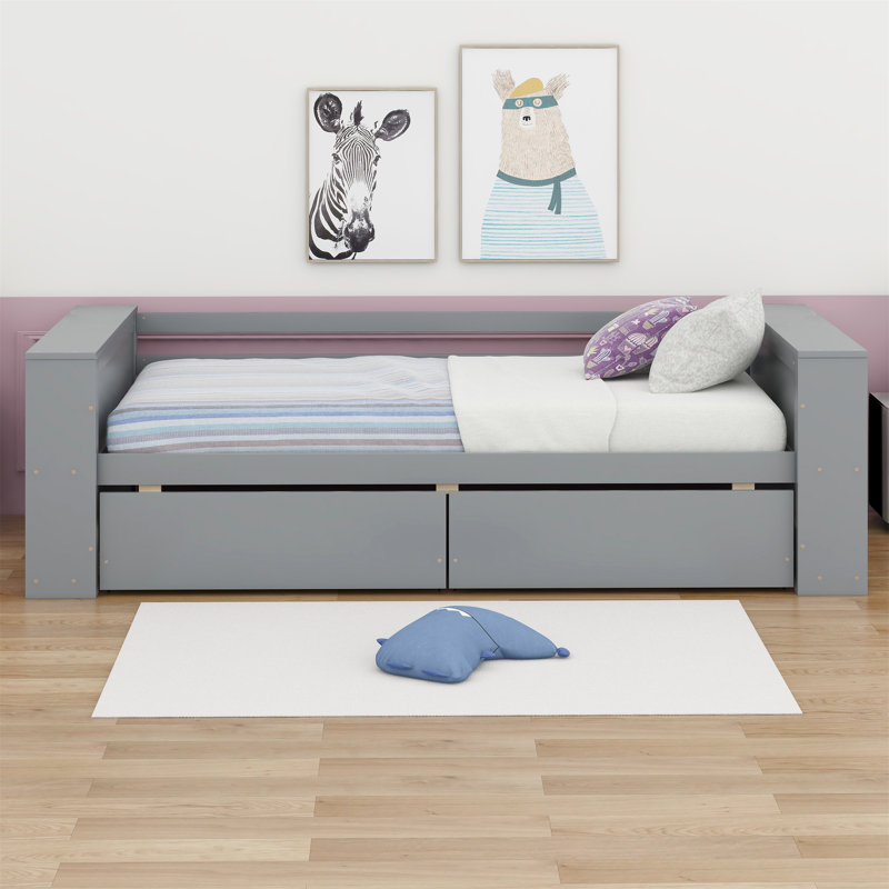 Lit de jour avec tablettes et tiroirs, Gris