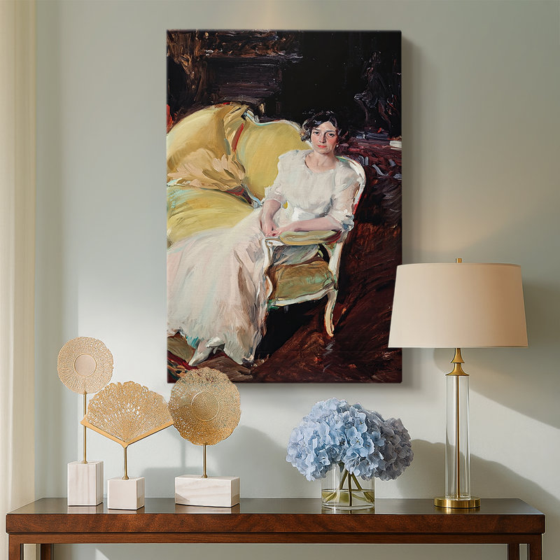 Clotilde assise sur le canapé, toile tendue par Joaquin Sorolla y Bastida, 24 po x 36 po