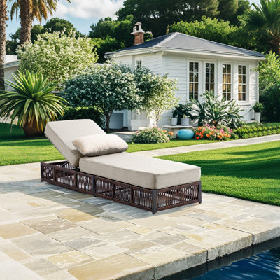 Wickes 5-Position Adjustable Outdoor Chaise Lounge With 5" Thick Cushion, Weather-Resistant Woven Rattan Patio Recliner