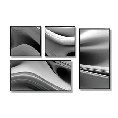 White Black Infinite Ripples - Abstract Modern Waves Art Prints On Canvas 4 Pieces