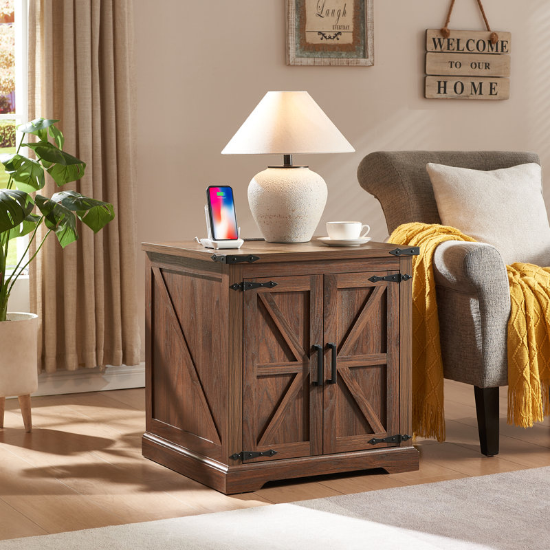 Jaimar 24"W Farmhouse Square End Table with Charging Station&Adjustable Storage Shelf, Brown, Brown