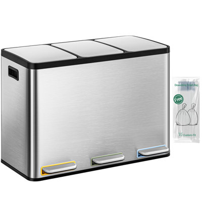 Kitchen Bin, 3 x 15 L Recycling Bins for Kitchen, Colored Pedal Bin with Lid, Removable Inner Buckets, Stainless Steel Rubbish Bins for Recycling and Waste, for Kitchens 