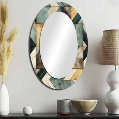 Planche cubique jaune et bleu rustique - décor de miroir mural ovale jaune