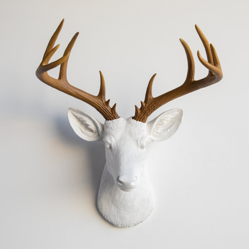 Grande décoration murale fausse tête de cerf naturalisée, Blanc / Brun