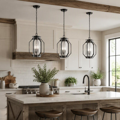 Lantern Farmhouse Chandelier Modern Black Outdoor Pendant Light with Seeded Glass Shade for Porch Patio Entryway 3 Light 18in