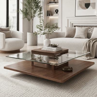 Square Coffee Table with Clear Tempered Glass Top and Storage Shelf