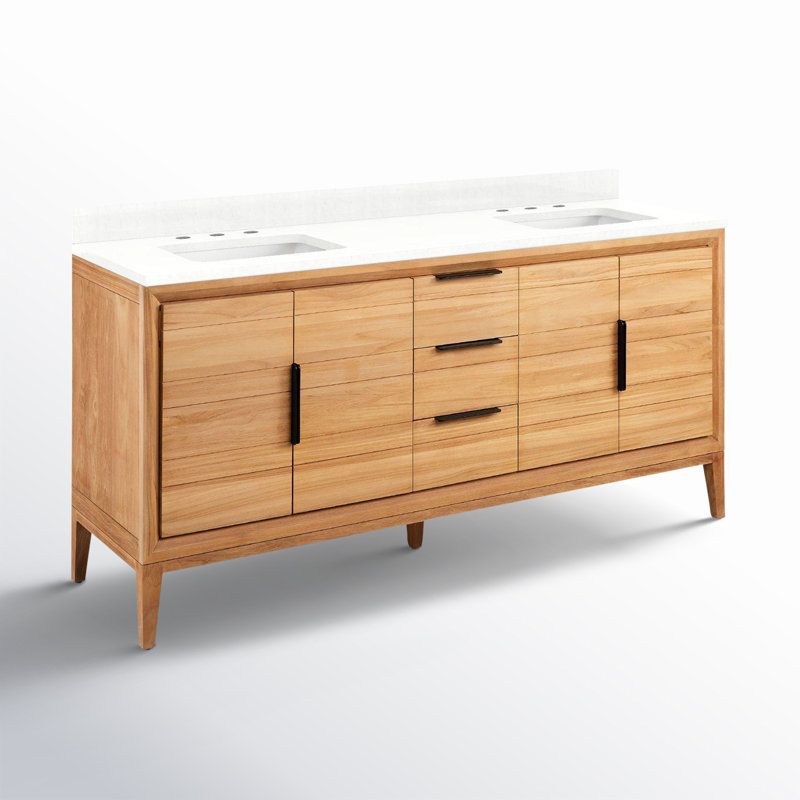 Aliso 72" Double Bathroom Vanity, 8" Widespread, Feathered White Quartz, Natural Teak