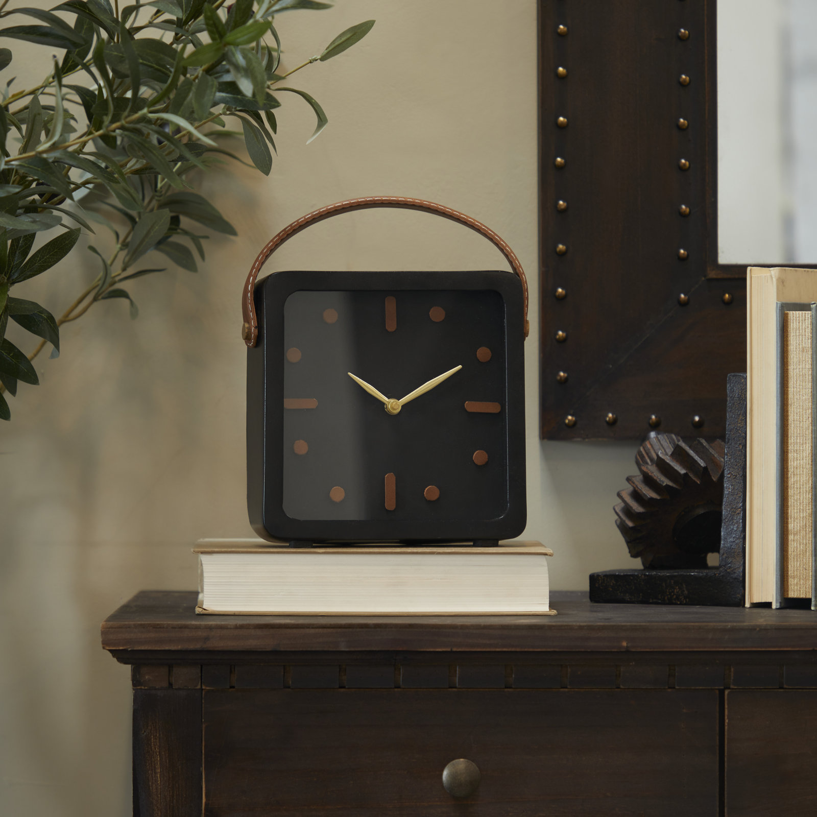 Analog Metal Quartz Tabletop Clock in Black, 9.45" H x 7.8" W x 2.8" D