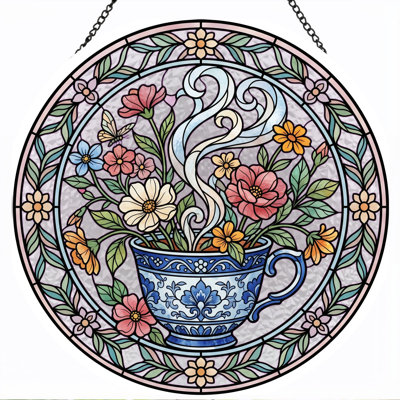 Floral Teacup Stained Glass Window Panel，7.8H