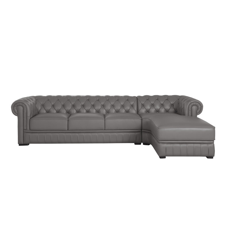 Nivaldo 132.5"  Button Tufted Genuine Cowhide Leather Classic Chesterfield Living Room Sectional, Gray Genuine Leather
