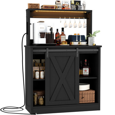 Farmhouse Coffee Bar Cabinet With 6 Hooks, Coffee Bar Hutch With Storage, Buffet Cabinet With Sliding Barn Door, Coffee Bar Table With Adjustable Shel by Wrought Studio
