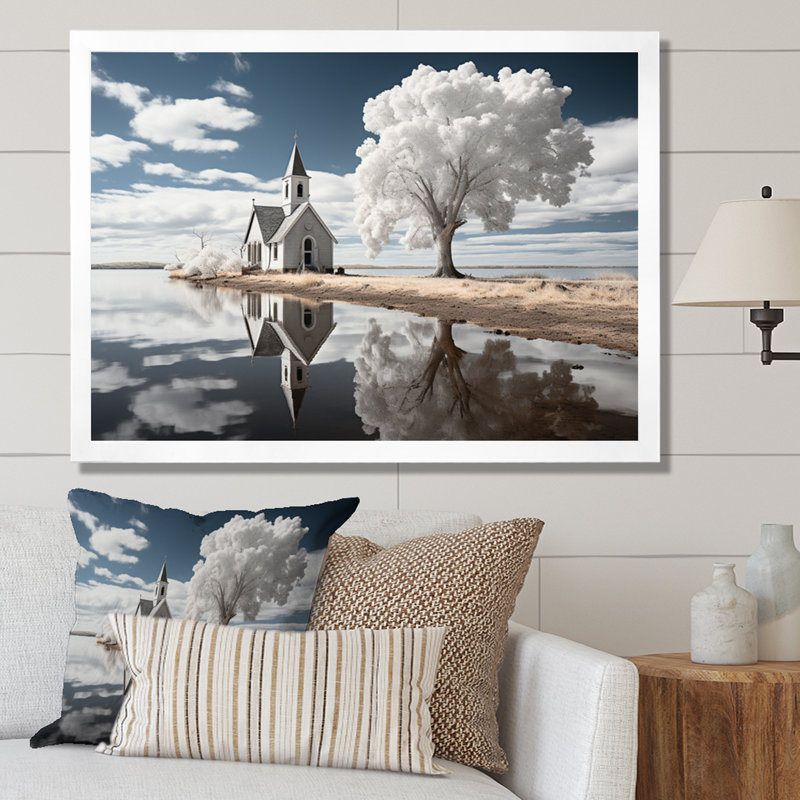 "Landscape Church Sacred Reflections II", reproduction d'art sur toile, Cadre photo noir, H 16 po x l 32 po x P 1 po