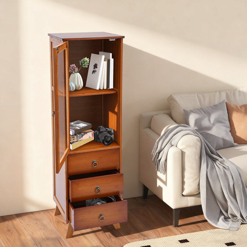 Meuble de rangement en bambou à 5 niveaux, buffet à 3 tiroirs et porte en acrylique avec pattes surélevées