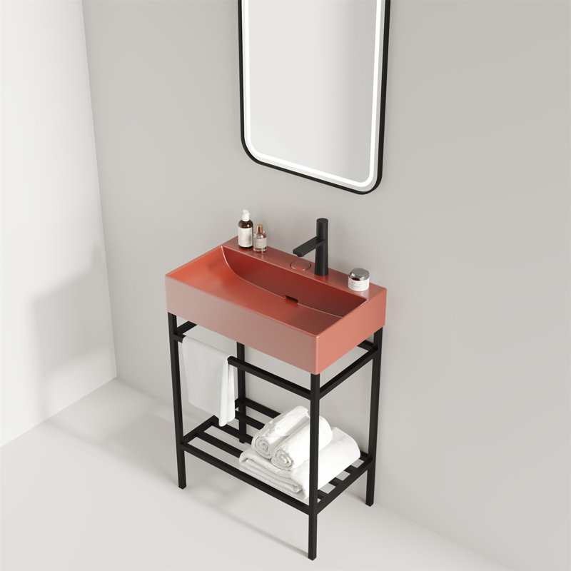 Meuble-lavabo 24 po avec lavabo en céramique, ensemble de lavabo console sur pied, lavabo rectangulaire en céramique rouge lustré sans robinet, pieds en métal ouverts, tablettes de rangement