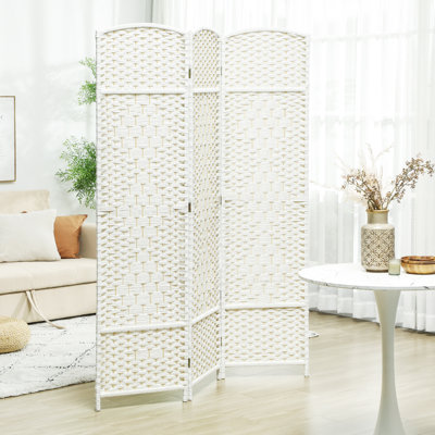 4 Panel Room Divider Hand-Woven Freestanding Partition Washed Oak