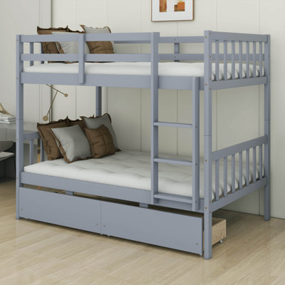 Bunk Bed Twin Over Twin With Storage Drawers, Convertible Into 2 Beds, Rubber Wood Twin Size Bunk Bed With Ladder And Safety Guardrails For Kids Teens