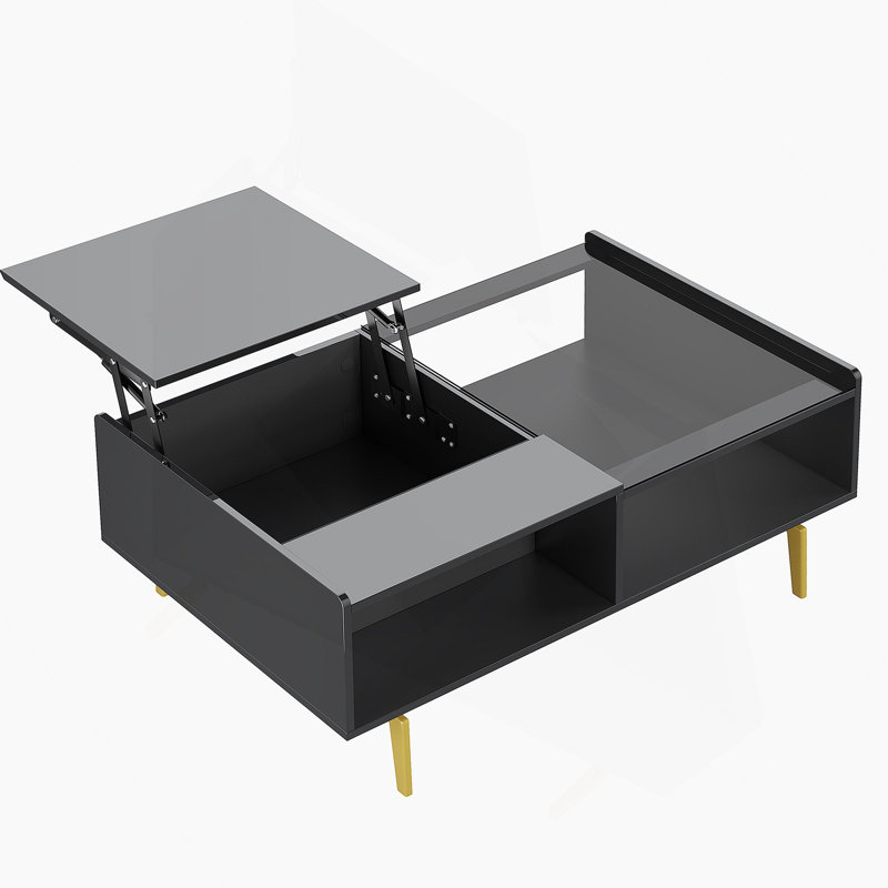 Table basse, noir ultrabrillant, table d'appoint, table basse avec verre et effet DEL, avec plateau en verre et compartiment de rangement