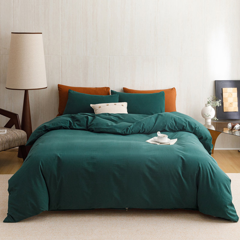 Wellboo Washed Cotton Comforter Set 100% Cotton Bedding Set 3 Pcs Bed Comforter Set, Emerald Green