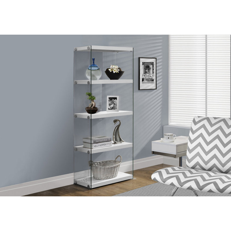 Bookshelf, Bookcase, Etagere, 5 Tier, 60"H, Office, Bedroom, Tempered Glass Clear Sides, White