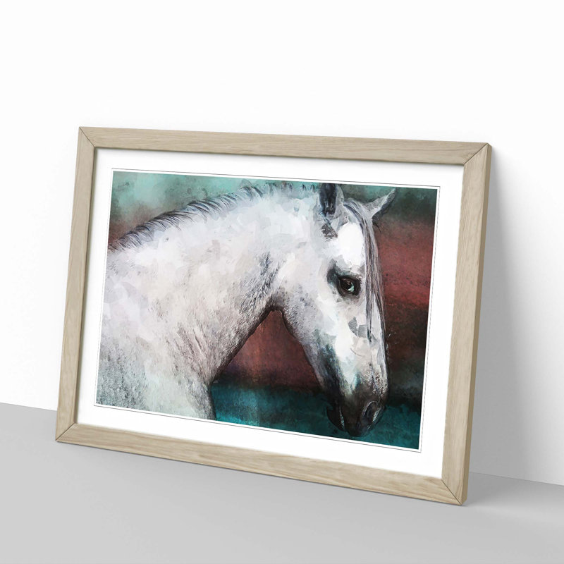 White Horse Portrait in Abstract - Picture Frame Painting Print, 60cm H x 91cm W x 2cm D, Oak