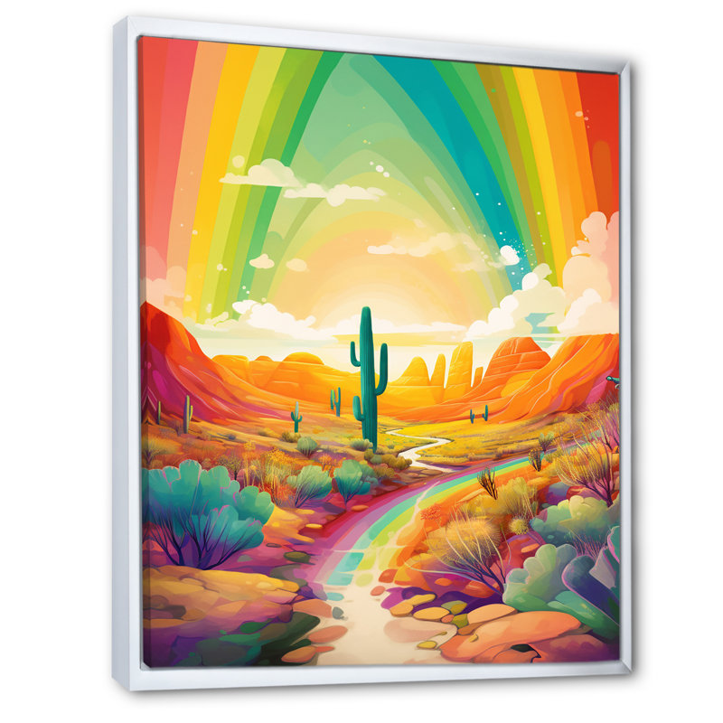 Cactus dans le désert sous un arc-en-ciel de couleur vive I - impression, H 32 po x l 24 po x P 1 po, Cadre flottant blanc
