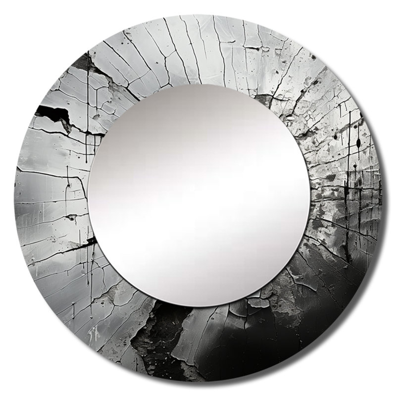 Geode de pierre grise minimisée I - miroir mural unique en pierre spirituelle, miroir rond noir, impression d'art en métal