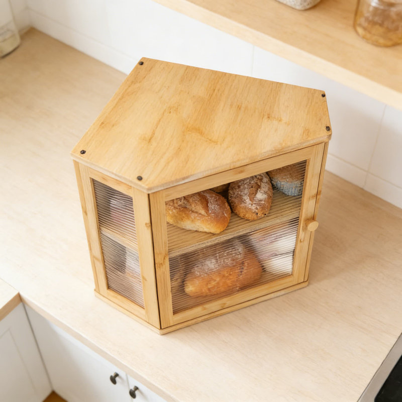 Boîte à pain en bambou pour comptoir de cuisine avec porte ondulée en acrylique, bac à pain de grande capacité pour plus de fraîcheur et d'organisation