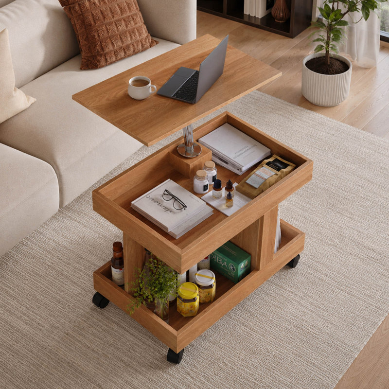 Petite table basse roulante avec plateau tournant et compartiment de rangement