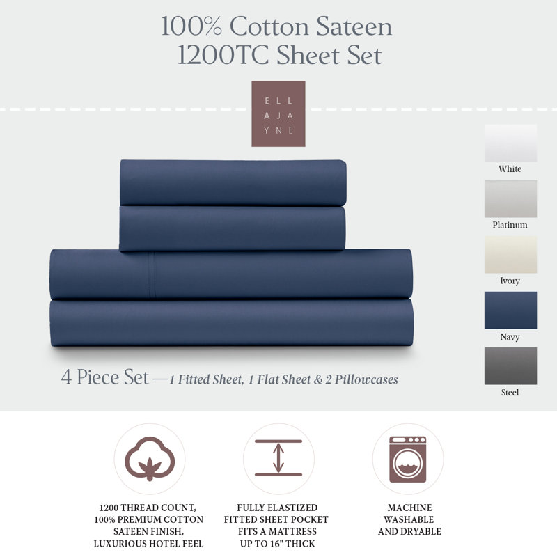 100% Cotton Sateen Luxurious 1200 Thread Count 4-Piece Sheet Set, King, Navy
