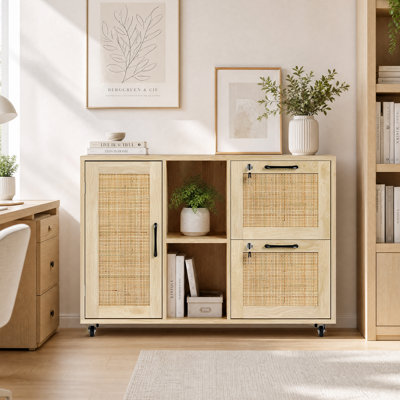 37.4"W Rattan Filing Cabinet With Lockable Drawers & Wheels And Adjustable Hanging Bars