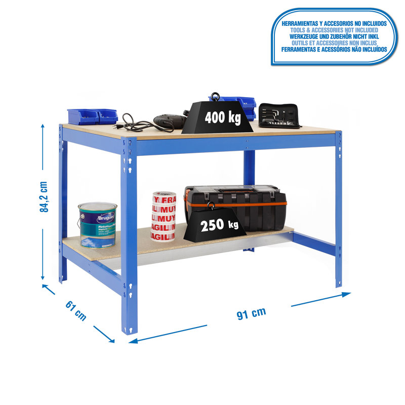 Wood Top Workbench, 84.2cm H x 91cm W x 61cm D, Blue/Beige