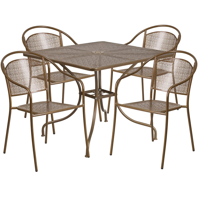 Chanea 35.5" Square Commercial Grade Steel Patio Table with 4 Round Back Chairs by Flash Furniture, Gold