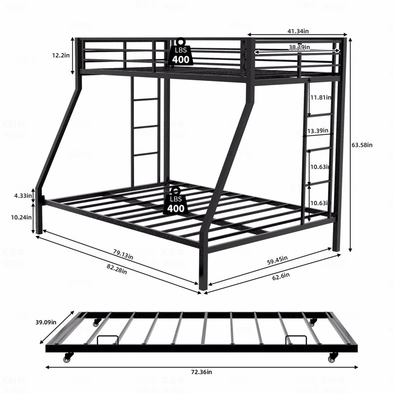 Lit superposé, tube carré à haute stabilité, avec échelle et lit gigogne roulant, look minimaliste, support robuste pour la maison, le dortoir et la chambre d'amis