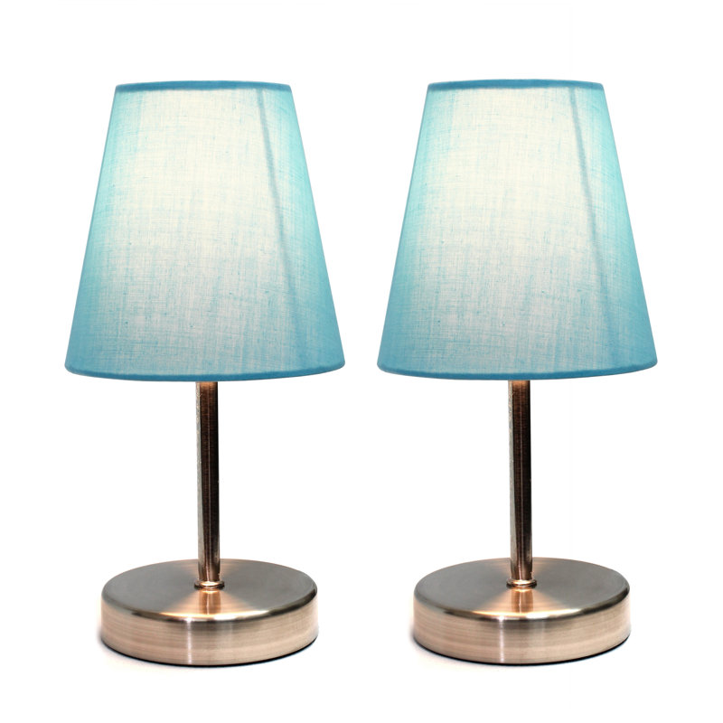 Amandev Simple Designs Sand Nickel Mini Basic Table Lamp with Tapered Fabric Shade, Blue