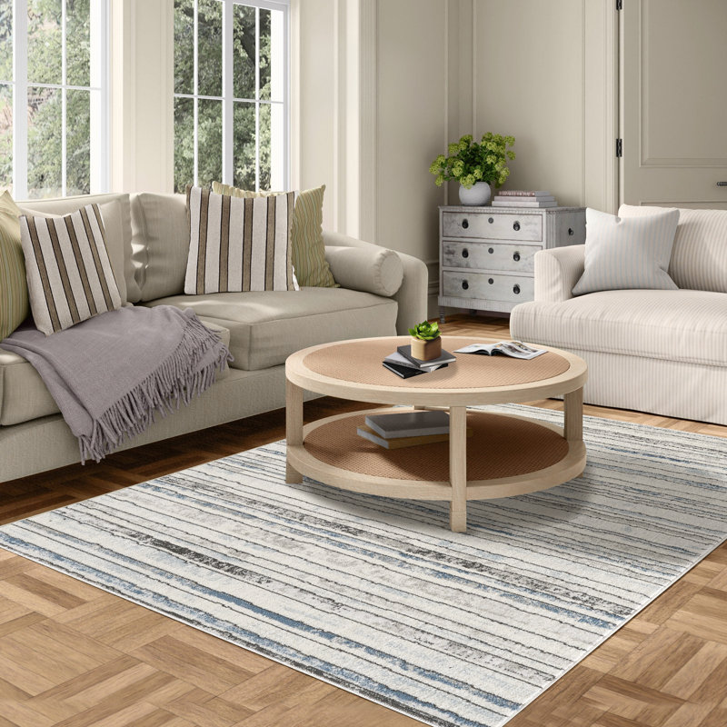 Modern Minimalist Striped Area Rug in Blue/Cream/Gray for Living Room, Hallway, Entryway Rugs, Rectangle 4'3" x 5'11"
