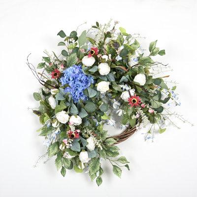 Couronne florale 28 po avec demi-anneau, verdure, baies, hydrangées, printemps, été, couronne pour porte d'entrée